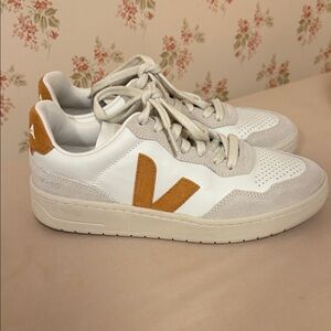 Veja White and Tan V-90 Sneakers